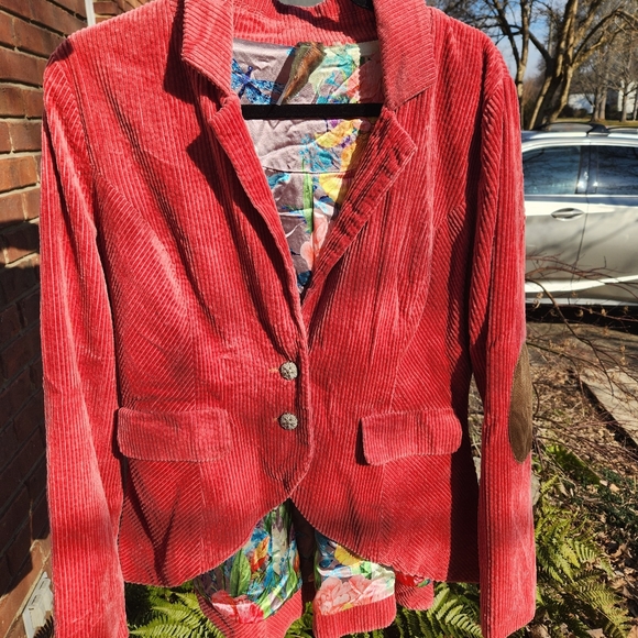 Aratta Anthropologie Pink Corduroy 'Alexander' Jacket Tan Elbows Floral Lined M - Picture 15 of 16